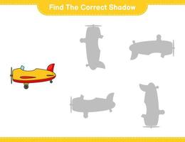 Find the correct shadow. Find and match the correct shadow of Plane. Educational children game, printable worksheet, vector illustration