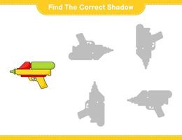 Find the correct shadow. Find and match the correct shadow of Water Gun. Educational children game, printable worksheet, vector illustration