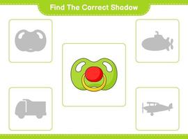 encontrar la sombra correcta. encuentra y combina la sombra correcta del chupete. juego educativo para niños, hoja de cálculo imprimible, ilustración vectorial vector