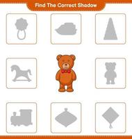 encontrar la sombra correcta. encuentra y combina la sombra correcta del oso de peluche. juego educativo para niños, hoja de cálculo imprimible, ilustración vectorial vector