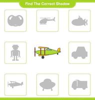 Find the correct shadow. Find and match the correct shadow of Plane. Educational children game, printable worksheet, vector illustration