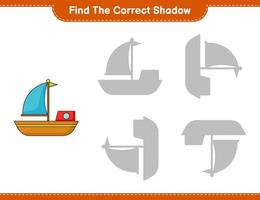 Find the correct shadow. Find and match the correct shadow of Boat. Educational children game, printable worksheet, vector illustration