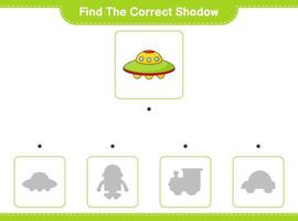 Find the correct shadow. Find and match the correct shadow of Ufo. Educational children game, printable worksheet, vector illustration