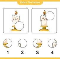 Match the halves. Match halves of Candle. Educational children game, printable worksheet, vector illustration