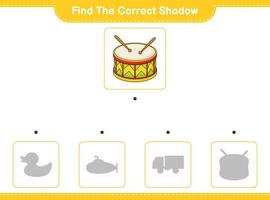 Find the correct shadow. Find and match the correct shadow of Drum. Educational children game, printable worksheet, vector illustration