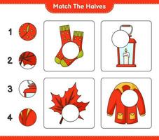 Match the halves. Match halves of Lantern, Socks, Warm Clothes, and Maple Leaf. Educational children game, printable worksheet, vector illustration