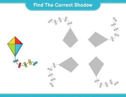 encontrar la sombra correcta. encuentra y combina la sombra correcta de la cometa. juego educativo para niños, hoja de cálculo imprimible, ilustración vectorial vector