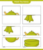 Match the halves. Match halves of Scarf and Teapot. Educational children game, printable worksheet, vector illustration