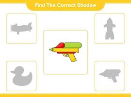 Find the correct shadow. Find and match the correct shadow of Water Gun. Educational children game, printable worksheet, vector illustration