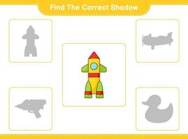 Find the correct shadow. Find and match the correct shadow of Rocket. Educational children game, printable worksheet, vector illustration