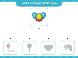 encontrar la sombra correcta. encuentra y combina la sombra correcta del chupete. juego educativo para niños, hoja de cálculo imprimible, ilustración vectorial vector