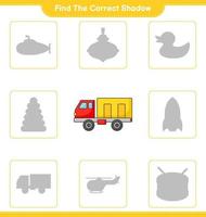 Find the correct shadow. Find and match the correct shadow of Lorry. Educational children game, printable worksheet, vector illustration