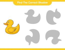 Find the correct shadow. Find and match the correct shadow of Rubber Duck. Educational children game, printable worksheet, vector illustration