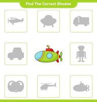 Find the correct shadow. Find and match the correct shadow of Submarine. Educational children game, printable worksheet, vector illustration