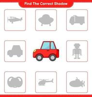 Find the correct shadow. Find and match the correct shadow of Car. Educational children game, printable worksheet, vector illustration