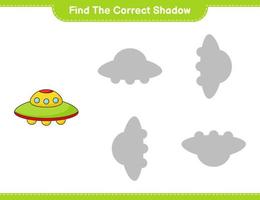 Find the correct shadow. Find and match the correct shadow of Ufo. Educational children game, printable worksheet, vector illustration