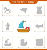 Find the correct shadow. Find and match the correct shadow of Boat. Educational children game, printable worksheet, vector illustration