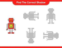 Find the correct shadow. Find and match the correct shadow of Robot Character. Educational children game, printable worksheet, vector illustration