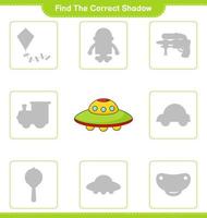 Find the correct shadow. Find and match the correct shadow of Ufo. Educational children game, printable worksheet, vector illustration