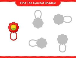 encontrar la sombra correcta. encuentra y combina la sombra correcta del sonajero. juego educativo para niños, hoja de cálculo imprimible, ilustración vectorial vector