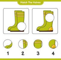 Empareja las mitades. combinar las mitades de las botas de goma. juego educativo para niños, hoja de cálculo imprimible, ilustración vectorial vector