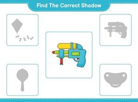 Find the correct shadow. Find and match the correct shadow of Water Gun. Educational children game, printable worksheet, vector illustration