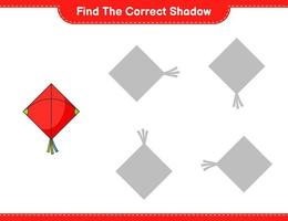 encontrar la sombra correcta. encuentra y combina la sombra correcta de la cometa. juego educativo para niños, hoja de cálculo imprimible, ilustración vectorial vector