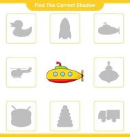 Find the correct shadow. Find and match the correct shadow of Submarine. Educational children game, printable worksheet, vector illustration