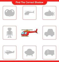 Find the correct shadow. Find and match the correct shadow of Helicopter. Educational children game, printable worksheet, vector illustration