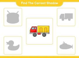 Find the correct shadow. Find and match the correct shadow of Lorry. Educational children game, printable worksheet, vector illustration