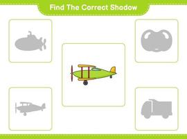 Find the correct shadow. Find and match the correct shadow of Plane. Educational children game, printable worksheet, vector illustration