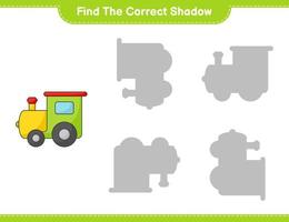 encontrar la sombra correcta. encuentra y combina la sombra correcta del tren. juego educativo para niños, hoja de cálculo imprimible, ilustración vectorial vector