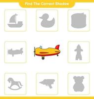 Find the correct shadow. Find and match the correct shadow of Plane. Educational children game, printable worksheet, vector illustration