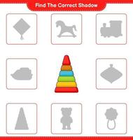 Find the correct shadow. Find and match the correct shadow of Pyramid Toy. Educational children game, printable worksheet, vector illustration