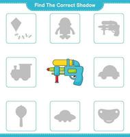 Find the correct shadow. Find and match the correct shadow of Water Gun. Educational children game, printable worksheet, vector illustration