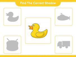 Find the correct shadow. Find and match the correct shadow of Rubber Duck. Educational children game, printable worksheet, vector illustration