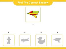 encontrar la sombra correcta. encuentra y combina la sombra correcta de la pistola de agua. juego educativo para niños, hoja de cálculo imprimible, ilustración vectorial vector