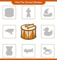 Find the correct shadow. Find and match the correct shadow of Drum. Educational children game, printable worksheet, vector illustration