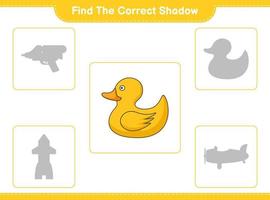 encontrar la sombra correcta. encuentra y combina la sombra correcta del patito de goma. juego educativo para niños, hoja de cálculo imprimible, ilustración vectorial vector