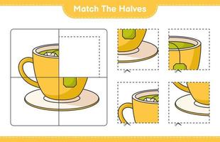 Match the halves. Match halves of Tea Cup. Educational children game, printable worksheet, vector illustration