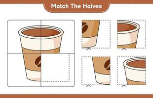 Match the halves. Match halves of Coffee Cup. Educational children game, printable worksheet, vector illustration