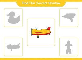 Find the correct shadow. Find and match the correct shadow of Plane. Educational children game, printable worksheet, vector illustration