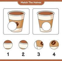 Empareja las mitades. emparejar las mitades de la taza de café. juego educativo para niños, hoja de cálculo imprimible, ilustración vectorial vector