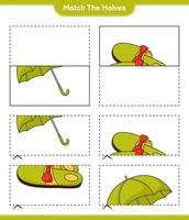 Empareja las mitades. combinar las mitades de las pantuflas y el paraguas. juego educativo para niños, hoja de cálculo imprimible, ilustración vectorial vector