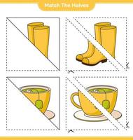 Match the halves. Match halves of Rubber Boots and Tea Cup. Educational children game, printable worksheet, vector illustration