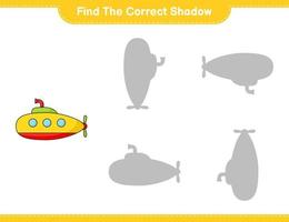 Find the correct shadow. Find and match the correct shadow of Submarine. Educational children game, printable worksheet, vector illustration