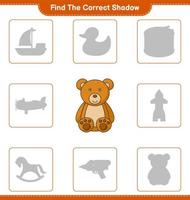 encontrar la sombra correcta. encuentra y combina la sombra correcta del oso de peluche. juego educativo para niños, hoja de cálculo imprimible, ilustración vectorial vector