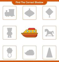 Find the correct shadow. Find and match the correct shadow of Boat. Educational children game, printable worksheet, vector illustration