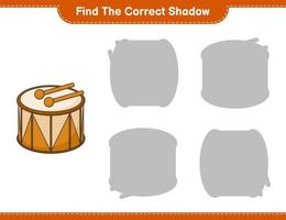 Find the correct shadow. Find and match the correct shadow of Drum. Educational children game, printable worksheet, vector illustration