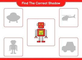 Find the correct shadow. Find and match the correct shadow of Robot Character. Educational children game, printable worksheet, vector illustration
